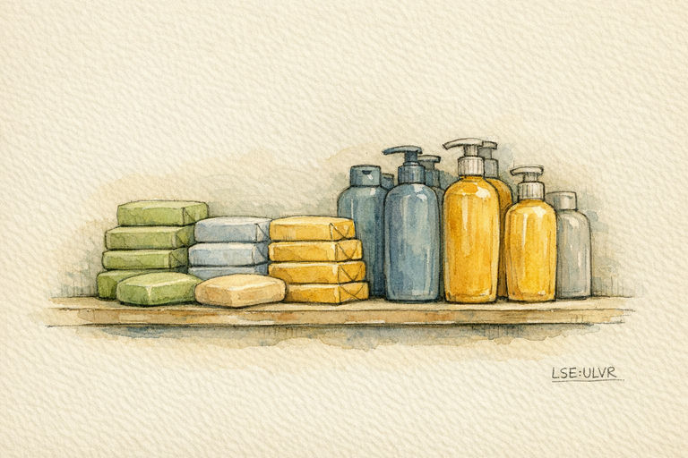 Bars of soap and bottles of shampoo lined up on a shop shelf in a household goods aisle.