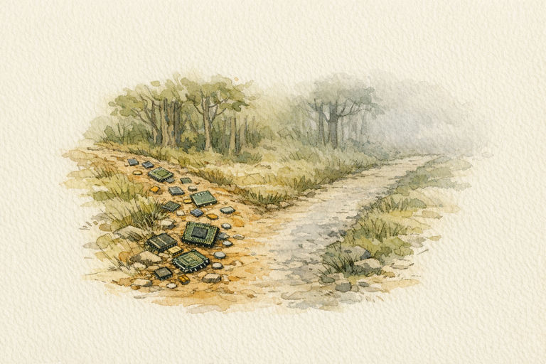 A fork in a woodland path, where one trail is strewn with fresh computer chips and the other disappears into dense, uncertain fog
