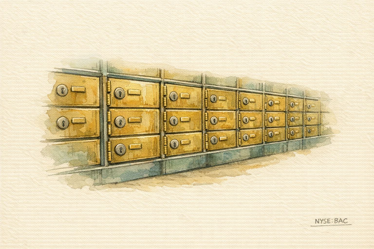 A row of brass safe deposit boxes lining the wall of a bank vault.