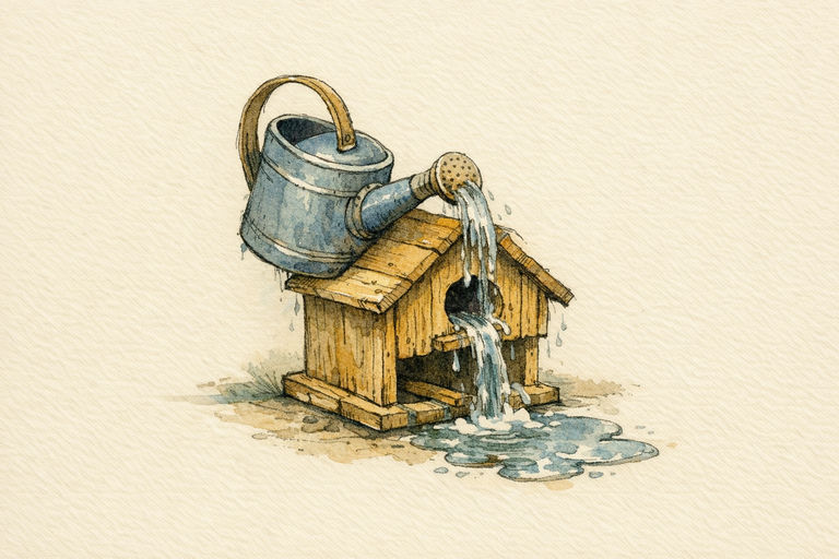 A sturdy watering can overflowing into a half-built birdhouse while a small puddle forms nearby