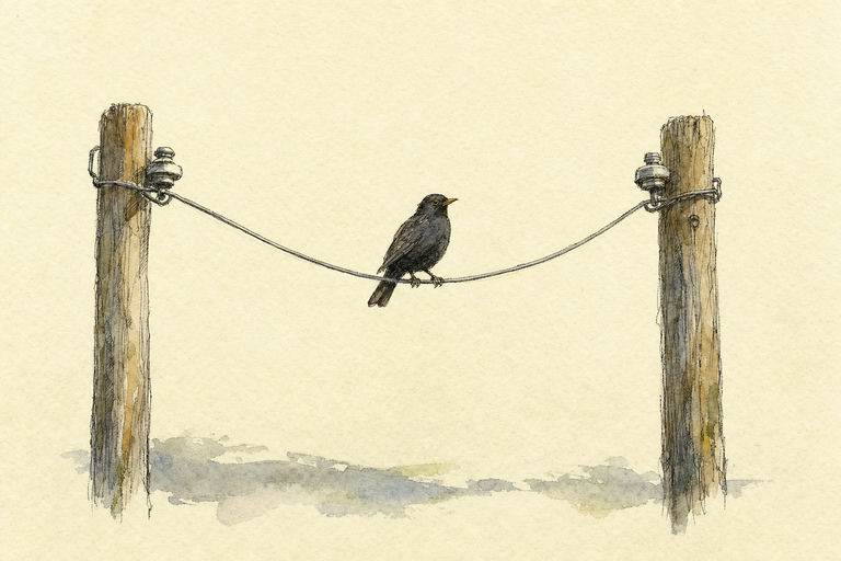 A high-tension wire strung tightly between two old wooden poles, bowing slightly under the sudden weight of a perched blackbird