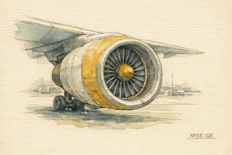 A large turbofan jet engine mounted beneath an aircraft wing on an airport apron.