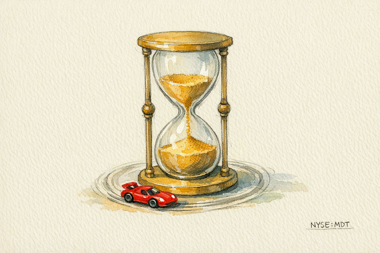 A tall hourglass with sand spilling into an already half-full lower chamber, while a bright red toy race car speeds in circles around its base