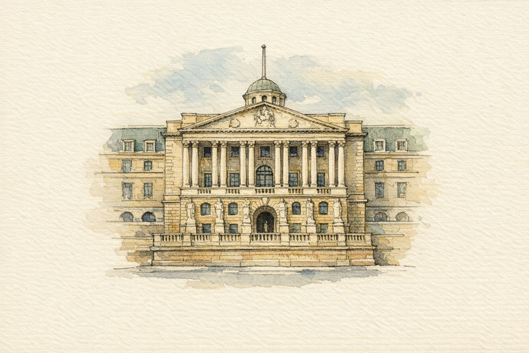 The columned neoclassical stone facade of the Bank of England building on Threadneedle Street in the City of London.