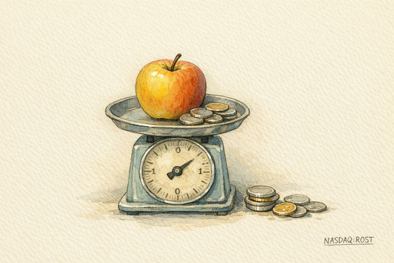 A single ripe apple placed on a kitchen scale alongside a handful of shiny coins, with some coins clearly set aside off the scale.