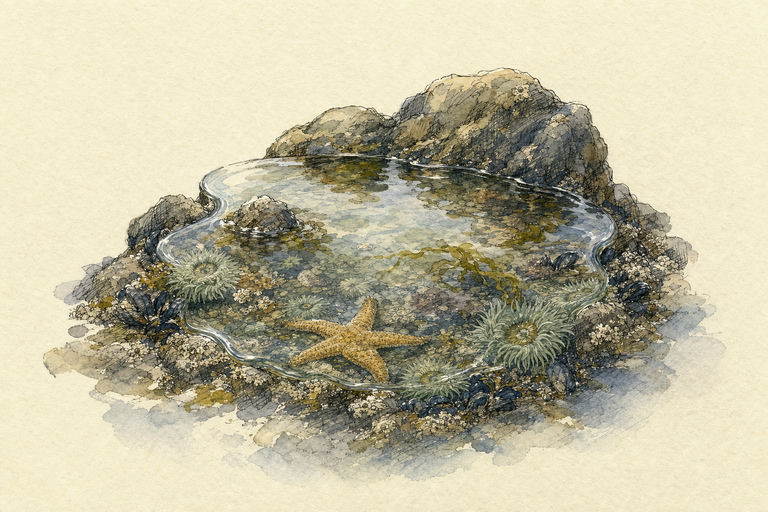 A tide pool on a rocky shore, briefly filled to the brim before the water begins to ebb away