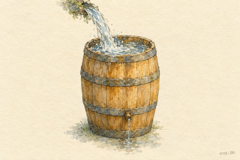 A sturdy wooden barrel being rapidly filled with water from a wide stream, while a narrow spigot at the base lets out only a slow, thin trickle.