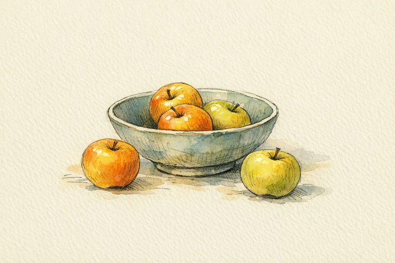 A fruit bowl with several ripe apples being removed one by one, leaving only a few behind on the table.