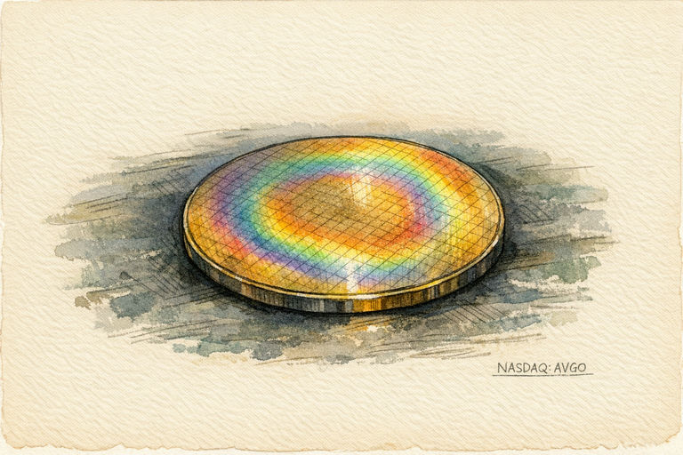 A single silicon wafer resting on a dark workbench, its iridescent surface catching the light in concentric rainbow rings