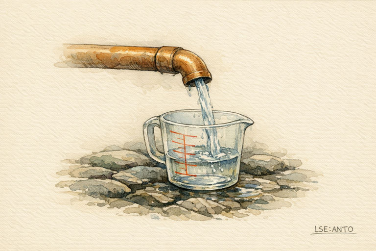 A sturdy copper pipe with a steady stream of water flowing through it, while a measuring cup beneath catches less than expected, set on a rocky, rain-dampened surface.