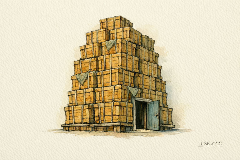 A massive stack of wooden crates bound for delivery, towering over a small loading dock where a single door stands ajar, hinting at both abundance and the challenge of moving it all inside.