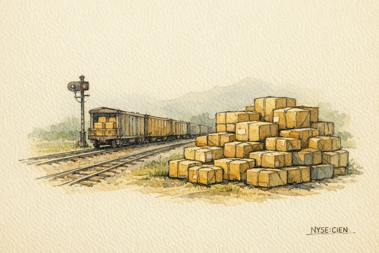 A long freight train loaded with crates waiting at a signal, while a mountain of sealed packages sits beside the tracks ready to be shipped later