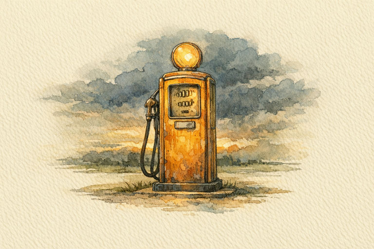 A vintage gas pump standing alone at dusk, its price dial spinning upward as distant storm clouds gather.