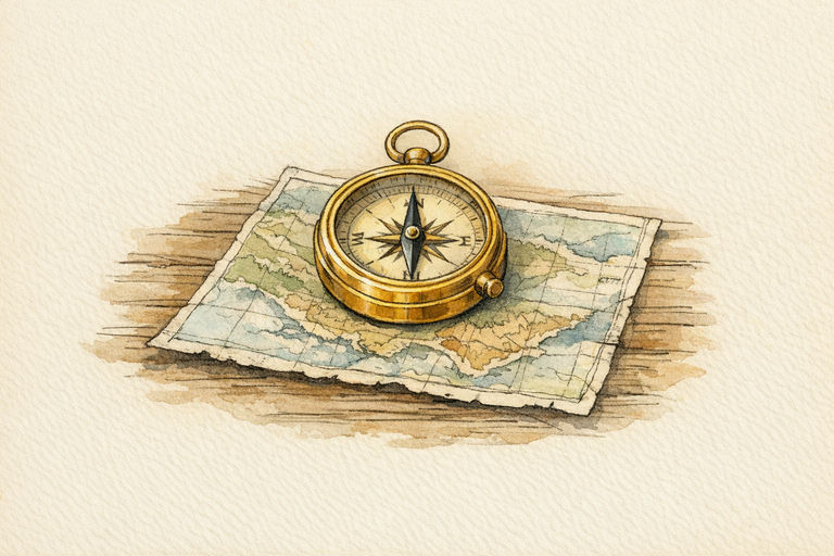 A gold compass pointing north while a map beneath it is turned upside down on a wooden table