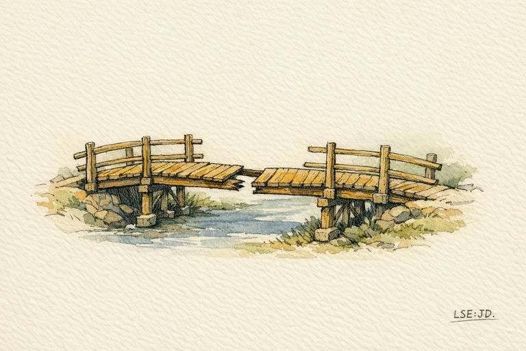 A sturdy wooden bridge with a missing plank near the middle, its span intact but travelers on one side hesitating to cross