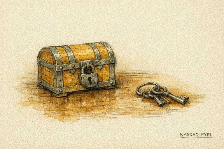A locked treasure chest sitting unopened beside a set of keys that have just been set down and left behind on a polished table