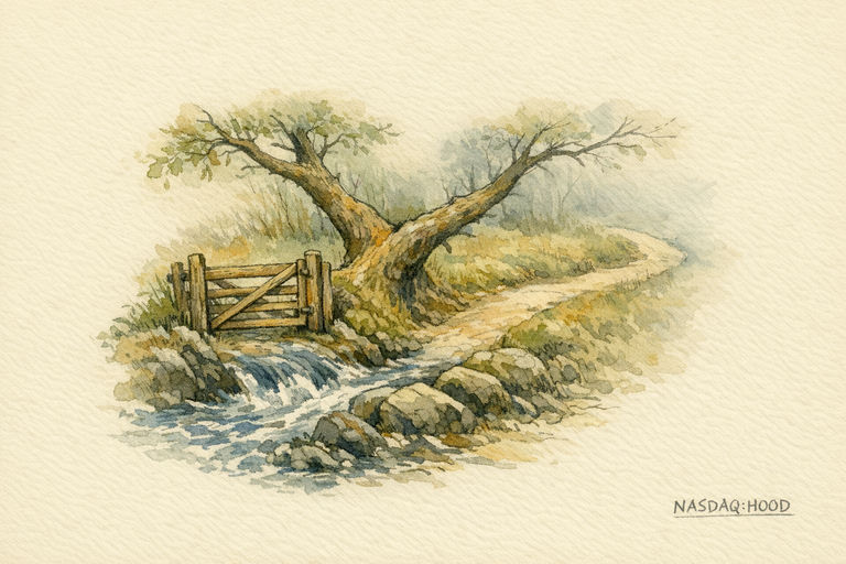 A sturdy tree branch splitting into two paths above a fast-flowing stream, with one path blocked by a wooden gate and the other open but winding into mist