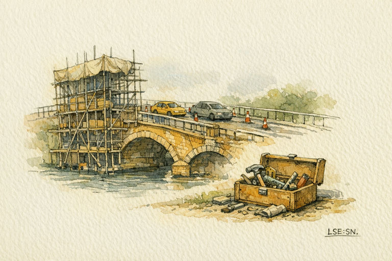 A sturdy bridge under repair with scaffolding on one side and traffic cautiously crossing over, while a toolbox sits open beside unfinished work.