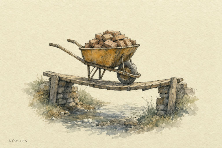 A sturdy wheelbarrow laden with bricks crossing a narrow, sagging plank bridge over a stream