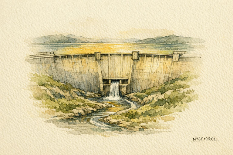 A massive concrete dam holding back a vast, shimmering reservoir, while below a narrow spillway trickles water into a winding river