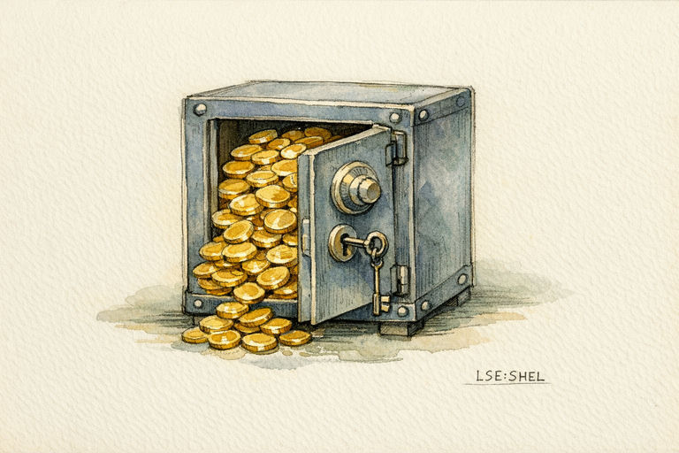 A sturdy safe filling with gold coins while a key hangs untouched in its lock