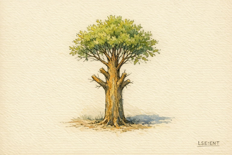 A sturdy tree standing alone in a recently cleared forest, its lower branches freshly cut but new leaves sprouting at the crown