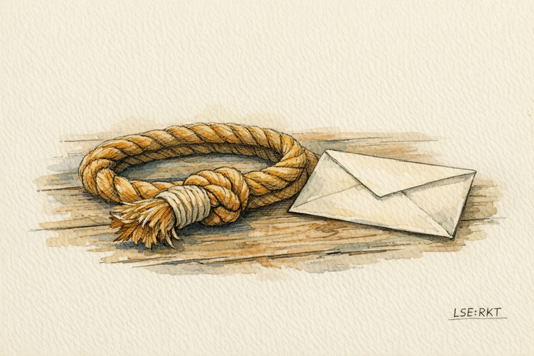 A thick rope with a frayed end neatly tied off by a fresh knot, resting on a wooden table beside an unopened envelope