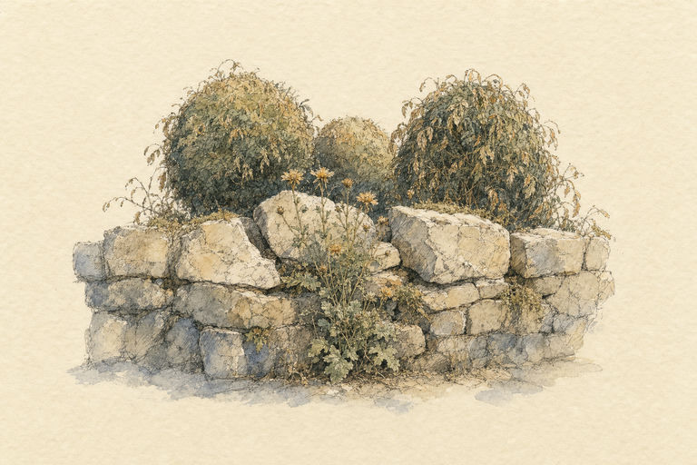 A cracked stone garden wall with hardy wildflowers growing through its gaps while overgrown topiary shrubs behind it begin to wilt.