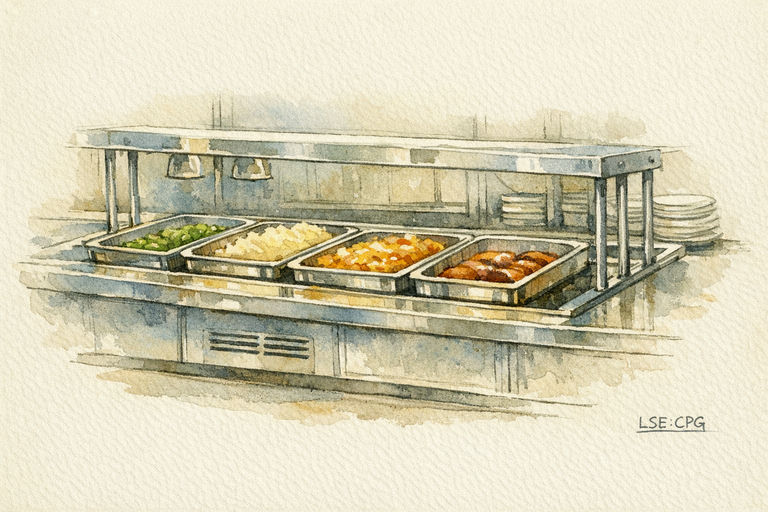 A row of stainless steel serving counters holding trays of hot food in a large staff canteen.