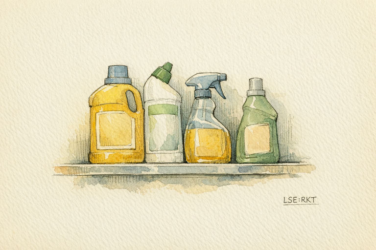 Bottles of household disinfectant and cleaning spray lined up on a shop shelf.