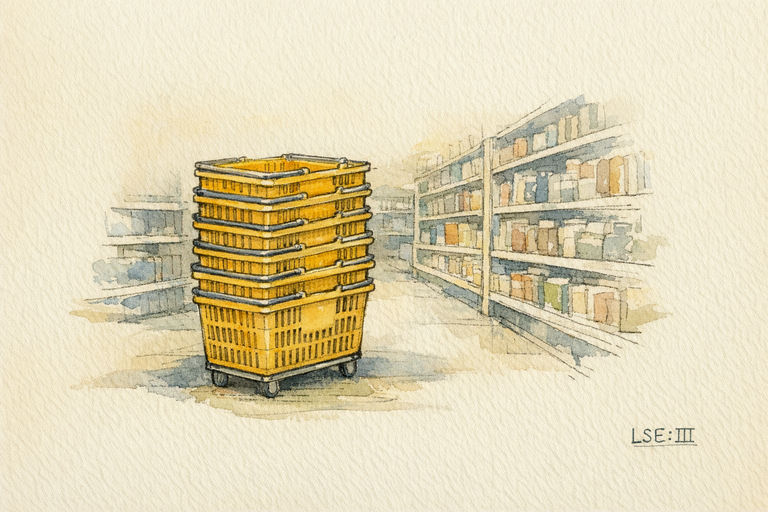 Rows of stacked shopping baskets beside wide aisles of shelving in a discount variety store.