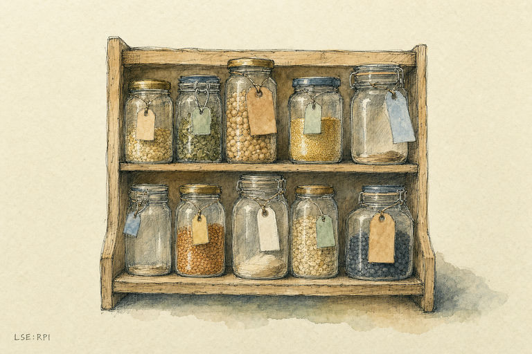 A wooden pantry shelf lined with glass jars, some nearly empty and others freshly filled, with a price tag hanging from each jar that varies in size and color.
