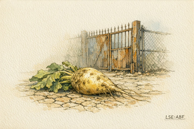 A single sugar beet lying on parched, cracked earth beside a rusted, unused factory gate