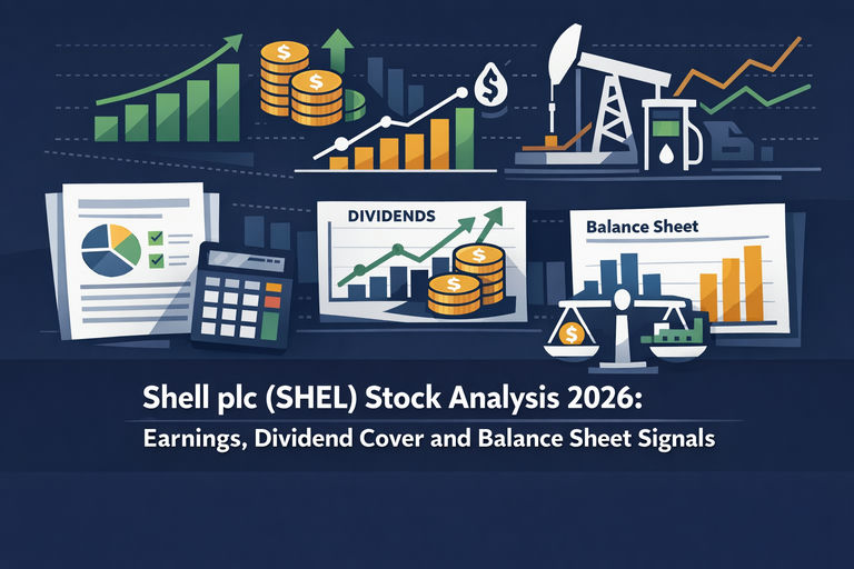 Professional financial illustration showing Shell plc stock data including earnings charts, dividend yield metrics and balance sheet indicators on a clean analytical dashboard