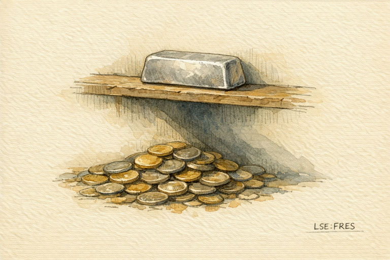 A silver ingot perched on a high shelf with a shadow falling across a pile of coins below