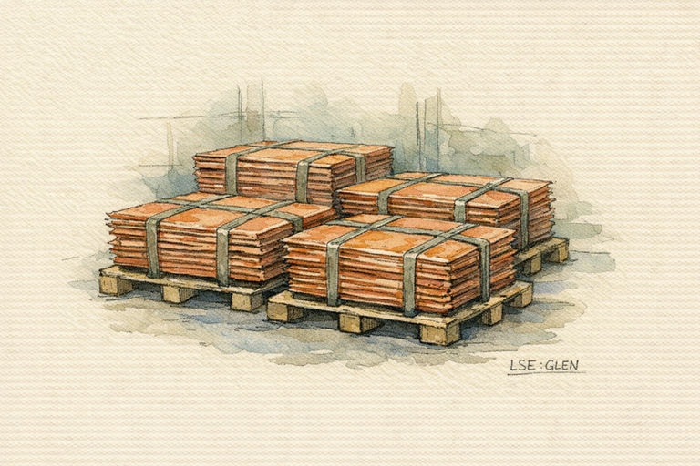 Stacks of copper cathode sheets waiting on pallets in a metals warehouse.