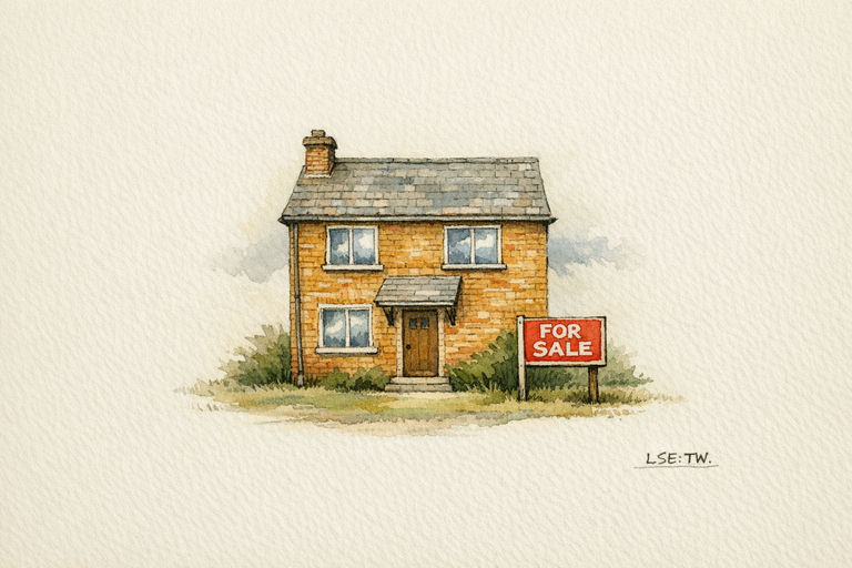 A sturdy brick house with a bright red "For Sale" sign in the yard, its windows reflecting a cloudy, unmoving sky