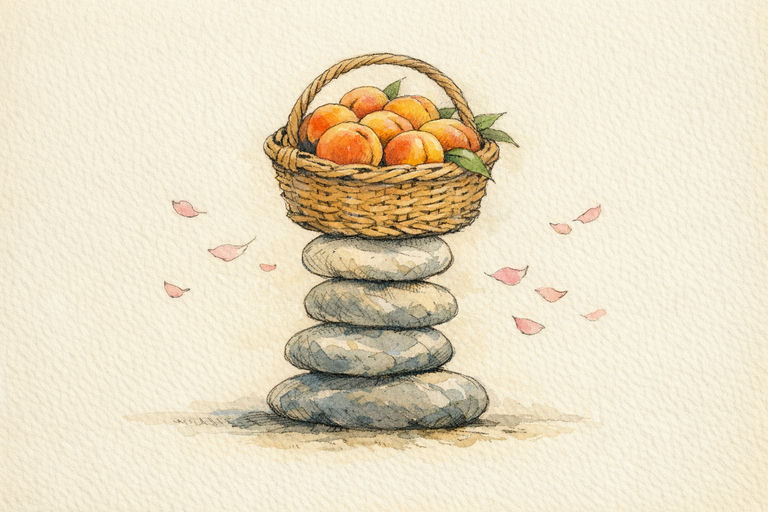 A basket of ripe peaches balanced atop a stack of smooth river stones, with a breeze scattering a few petals nearby