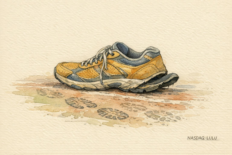 A sturdy running shoe with its sole peeling away from the heel, resting on a track marked by both fresh footprints and fading ones