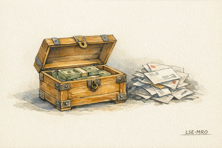 A sturdy wooden chest with its lid open, revealing a neat stack of cash inside, while a shadowy pile of unpaid bills and official-looking envelopes sits just beyond its reach
