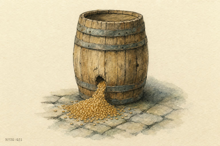A sturdy wooden barrel with a widening leak, as golden grain spills steadily onto a worn stone floor