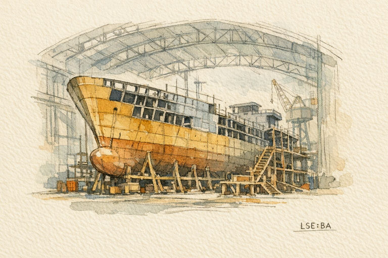 A partially built naval ship hull standing in a covered dockyard hall during construction.