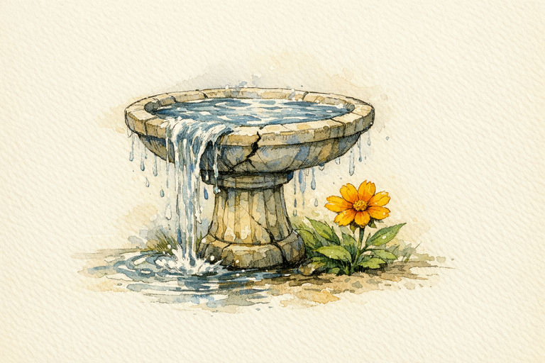 A cracked garden birdbath overflowing from a sudden downpour while a single bright flower springs up beside it