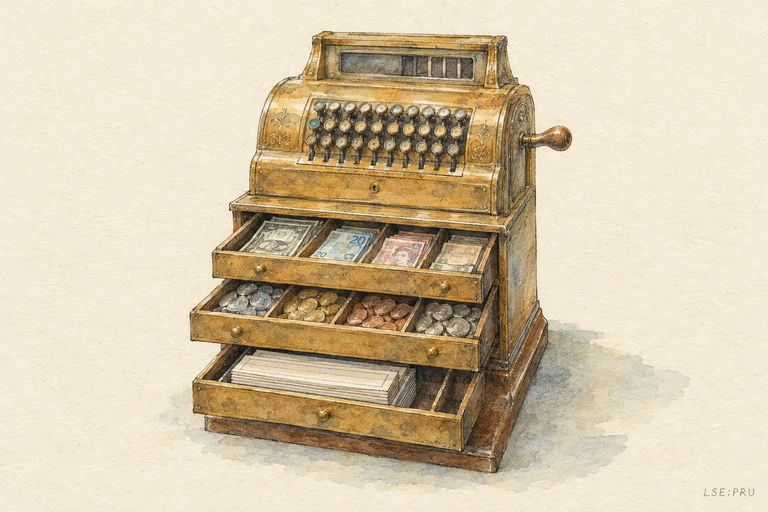 A sturdy antique cash register with multiple open drawers, each filled with a different currency and a stack of dividend slips, standing on a polished counter under bright daylight.