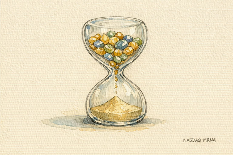 A glass hourglass with bright gemstones accumulating in the top chamber while the sand in the lower chamber runs low