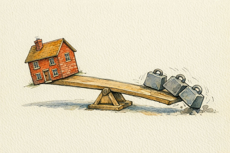 A sturdy red brick house perched atop a seesaw that is slowly tilting upward as heavy grey weights on the other end begin to slide off