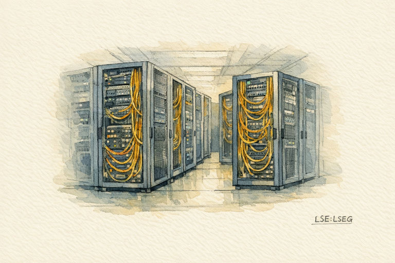 Rows of server racks with bundled cables inside a data centre hall.