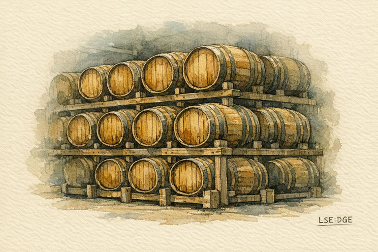 Rows of oak whisky barrels stacked on racks in a dim maturation warehouse.