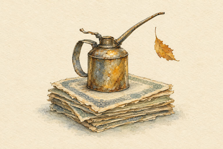 A battered metal oil can balanced atop a stack of old government bond certificates, with a single autumn leaf drifting down beside them
