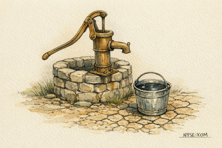 A heavy iron pump handle above a stone well, with a brimming pail of dark water resting on cracked dry ground.
